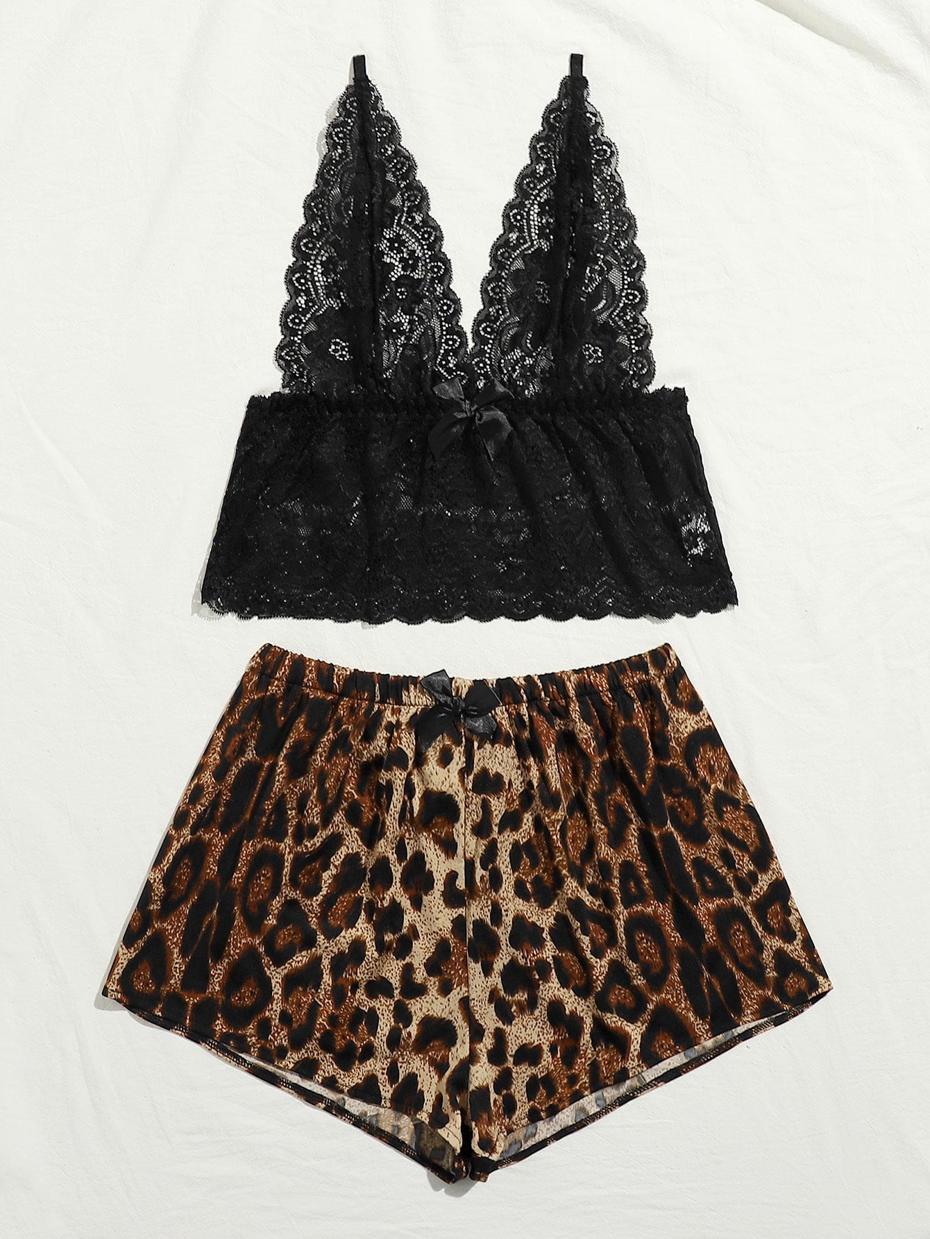 Sexy Lace Sheer Leopard Print Deep V Short Pants Set For Home Wear Set Pajamas For Women